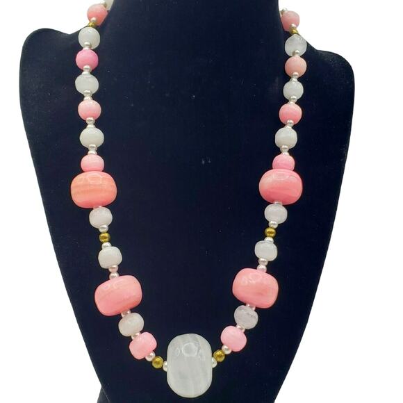 Pink & White Banded Quartz Necklace Chunky Crystal Stone Beaded Choker 20" Vtg - Picture 2 of 6